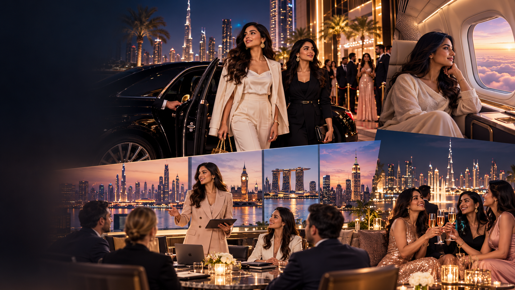 Professional women arriving at a luxury event, travelling in business class and meeting clients around the world